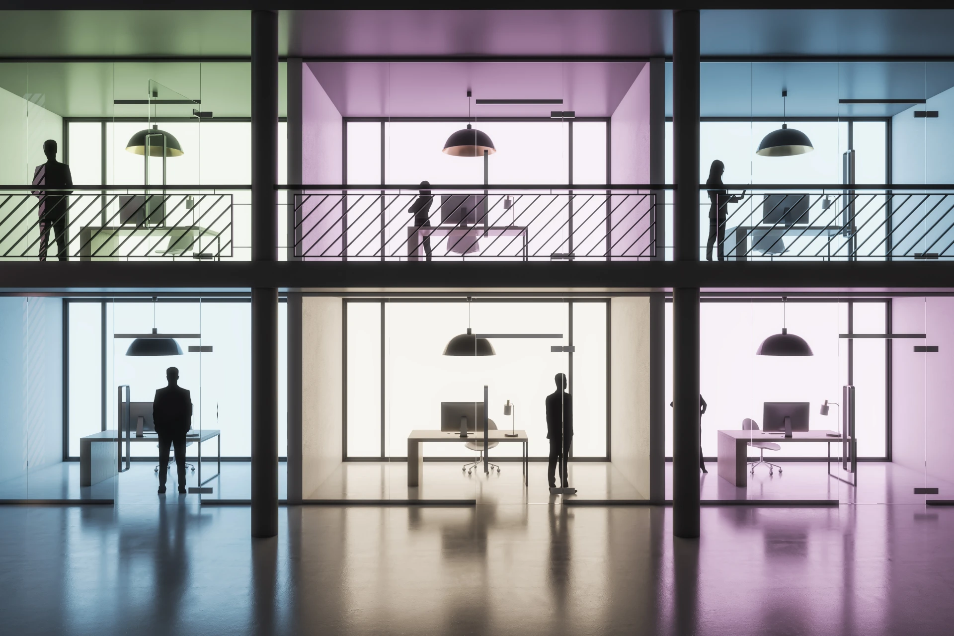 front view on coworking area with separated